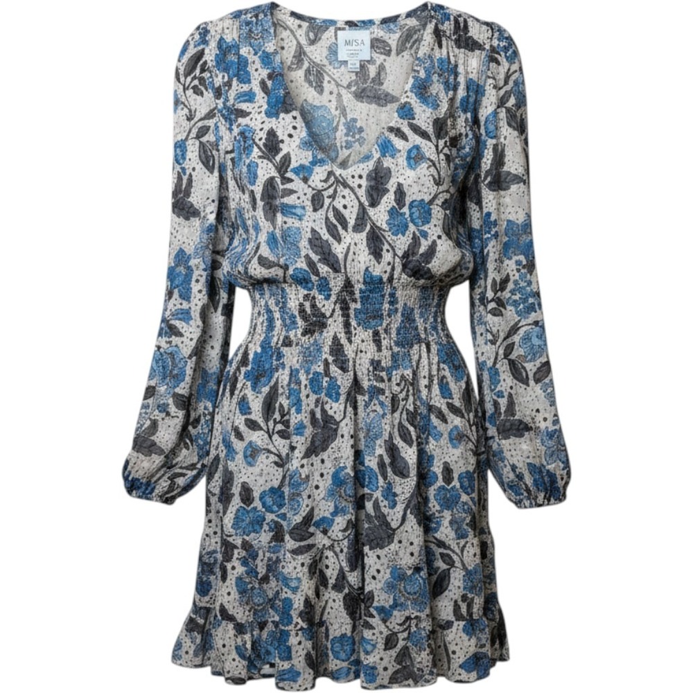 MISA Los Angeles Blue Gray Floral Smocked Tiered Ruffle Mini Dress‎ Womens Small